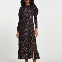 RIVER ISLAND Black floral front slit midi dress / thigh high split puff sleeve dresses