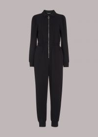 WHISTLES JERSEY ZIP FRONT JUMPSUIT / black sustainable cotton jumpsuits