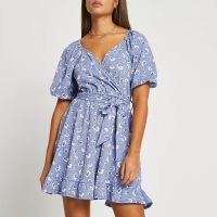 RIVER ISLAND Blue floral belted wrap mini dress / flippy hem dresses