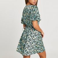 RIVER ISLAND Blue floral print puff sleeve mini dress