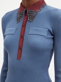 CHLOÉ Floral-appliqué ribbed cotton-jersey sweater / blue collared sweaters