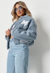 MISSGUIDED blue pastel borg teddy varsity jacket ~ classic American style jackets