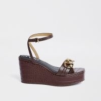 RIVER ISLAND Brown gold chain detail wedge heels / ankle strap animal effect wedges