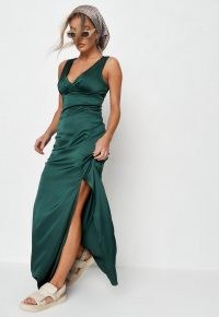 MISSGUIDED dark green gathered ruched bust satin dress