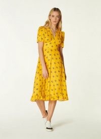 L.K. BENNETT ELSON YELLOW POSEY PRINT SILK-BLEND TEA DRESS / bright floral frill hem dresses / vintage style summer fashion