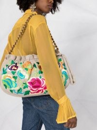 Etro floral-embroidered clutch bag / large ruffled chain strap handbag / linen bags