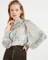 TED BAKER MARRIN Gathered neck top with shirred cuff / romantic floral print balloon sleeve tops