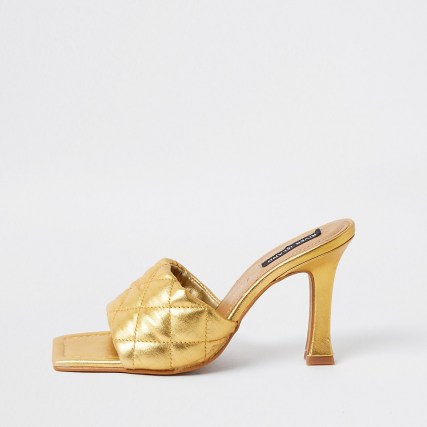 RIVER ISLAND Gold woven square toe mule sandal ~ quilted metallic mules