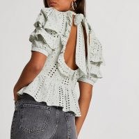 RIVER ISLAND Green broderie open back blouse top