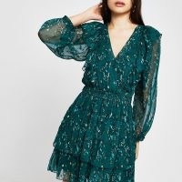 RIVER ISLAND Green floral ruffle long sleeve mini dress