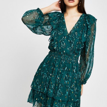 RIVER ISLAND Green floral ruffle long sleeve mini dress