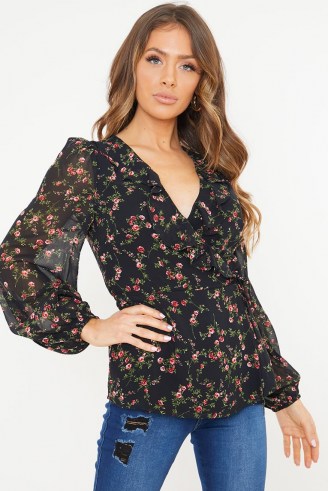 JAC JOSSA BLACK DITSY FLORAL PRINTED FRILL WRAP TOP