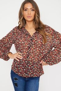 JAC JOSSA BLACK FLORAL PRINT BALLOON SLEEVE SHIRT / shirts with volume sleeves