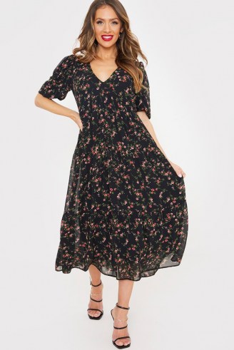 JAC JOSSA BLACK FLORAL PRINT MIDAXI SMOCK DRESS