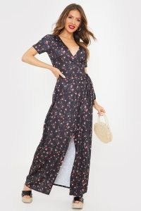 JAC JOSSA BLACK FLORAL PRINTED WRAP FRONT MAXI DRESS / short sleeve summer dresses