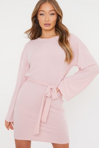 JAC JOSSA DUSKY PINK RIB BELTED MINI DRESS ~ long sleeve tie waist dresses