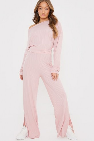 JAC JOSSA DUSKY PINK RIB WIDE LEG SPLIT TROUSERS ~ slit hem lounge pants