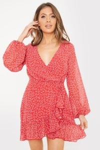 JAC JOSSA RED DITSY FLORAL PRINT FRILL WRAP DRESS / celebrity inspired dresses