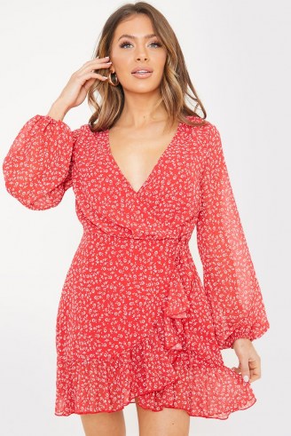 JAC JOSSA RED DITSY FLORAL PRINT FRILL WRAP DRESS / celebrity inspired dresses