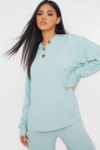 JAC JOSSA SAGE RIB HOODED TOP WITH BUTTON DETAIL ~ green casual loungewear hoodies