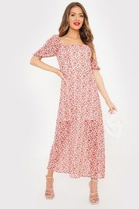 JAC JOSSA WHITE & RED FLORAL PRINT SQUARE NECK MIDI DRESS / split hem summer dresses