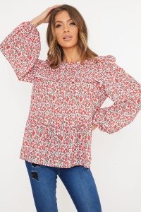 JAC JOSSA WHITE & RED FLORAL PRINTED FRILL BLOUSE / celebrity inspired blouses