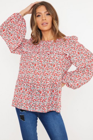 JAC JOSSA WHITE & RED FLORAL PRINTED FRILL BLOUSE / celebrity inspired blouses