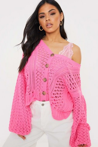 LORNA LUXE PINK “BELLE” BALLOON SLEEVE CARDIGAN ~ slouchy crochet knit cardigans