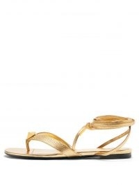 VALENTINO GARAVANI Upstud wraparound grained-leather sandals – metallic gold ankle wrap flats