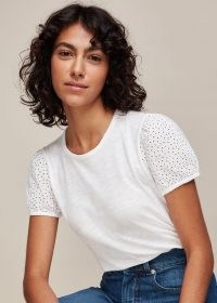 WHISTLES BRODERIE PUFF SLEEVE T-SHIRT WHITE / feminine casual tee