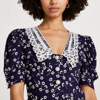 RIVER ISLAND Navy floral collar tea mini dress / dark blue vintage style dresses