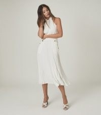 REISS NINA IVORY HALTERNECK PLEATED MIDI DRESS