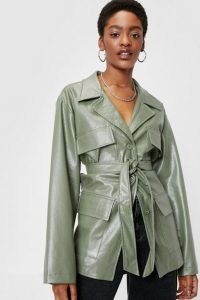 NASTY GAL Patent Faux Leather Longline Belted Jacket ~ luxe style sage-green tie waist jackets