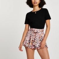 RIVER ISLAND Pink animal print frill hem shorts / tie waist detail