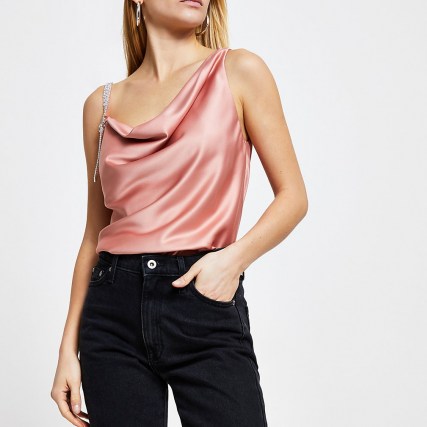 RIVER ISLAND Pink cami with bling strap ~ cowl neck camisole