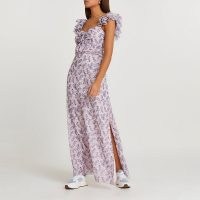 RIVER ISLAND Pink floral frill sleeve midi dress / ruffle shoulder strap summer dresses