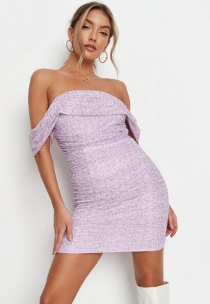 MISSGUIDED pink floral mesh ruched bardot mini dress ~ off the shoulder dresses