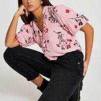 RIVER ISLAND Pink floral ruffled puff sleeve blouse