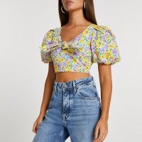 RIVER ISLAND Purple floral tie front puff sleeve crop top