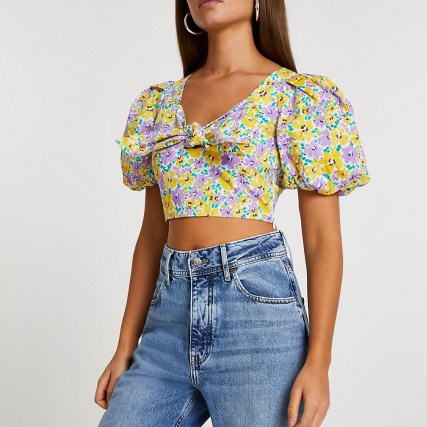 RIVER ISLAND Purple floral tie front puff sleeve crop top