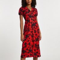 RIVER ISLAND Red floral twist front midi dress