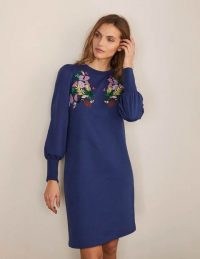 BODEN Romona Sweatshirt Dress / blue floral embroidered sweat dresses