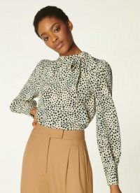 L.K. BENNETT SADIE CREAM AND GREEN HEART PRINT SILK TOP ~ pussy bow blouses