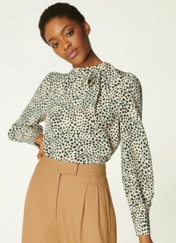 L.K. BENNETT SADIE CREAM AND GREEN HEART PRINT SILK TOP ~ pussy bow blouses