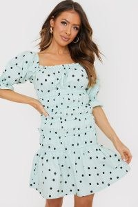 IN THE STYLE SAGE POLKA DOT SHIRRED PUFF SLEEVE MINI DRESS ~ Natasha Sandhu edit