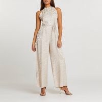 RIVER ISLAND Stone halter jacquard jumpsuit / halterneck all-in-one with zebra stripes and self tie waist