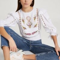 RIVER ISLAND White embroidered frill sleeve blouse top / floral cut-out detail blouses