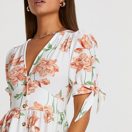 RIVER ISLAND White floral tie sleeve midi dress