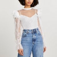 RIVER ISLAND White lace sheer frill blouse top / floral details on long sleeve blouses