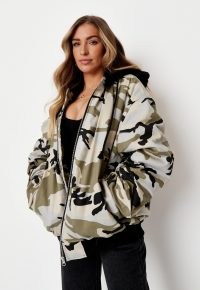 zara mcdermott x missguided green camo ruched sleeve bomber jacket ~ celebrity inspired camouflage jackets